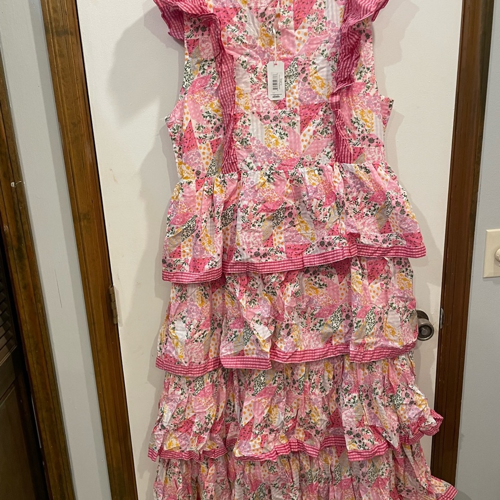 Simply Southern Pink Floral Ruffled Maxi Dress Cotton Size XL patchwork - Picture 2 of 5